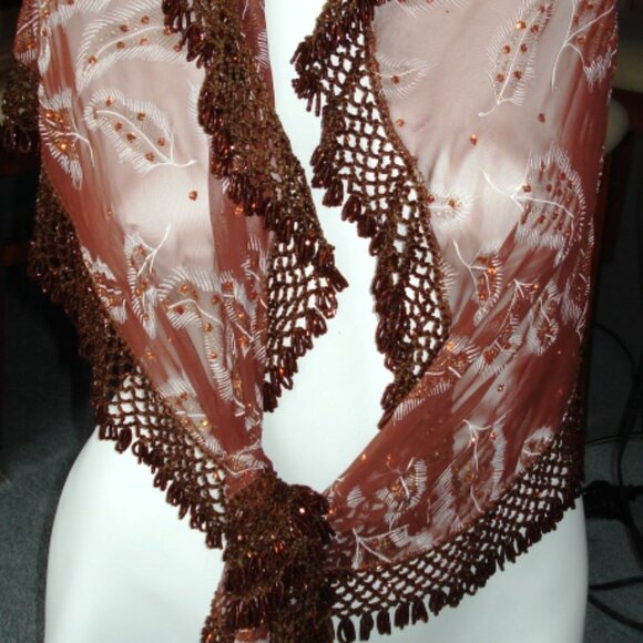 Heavy Beaded Shawl, Leaf Design, Brown Rust Color Rhinestones, Ladies Wrap Scarf - Picture 7 of 10